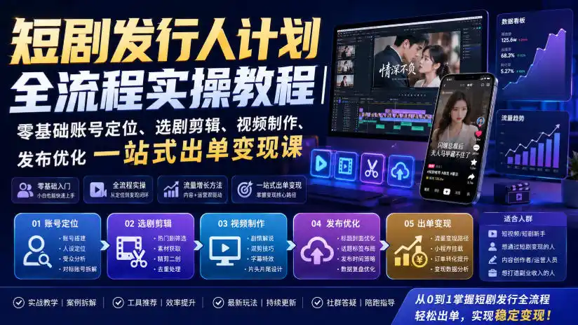 短剧发行人计划全流程实操教程｜零基础账号定位、选剧剪辑、视频制作、发布优化一站式出单变现课-钱途社