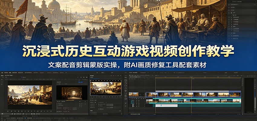 沉浸式历史互动游戏视频创作教学：文案配音剪辑蒙版实操，附AI画质修复工具配套素材-钱途社