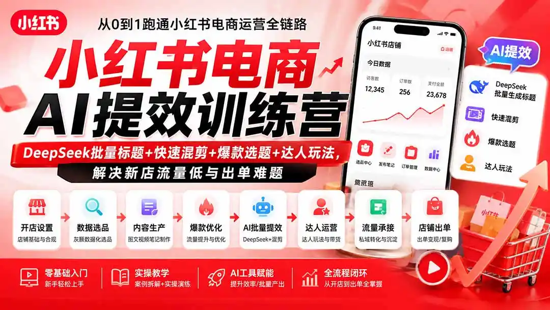 小红书电商AI提效训练营—DeepSeek批量标题+快速混剪+爆款选题+达人玩法，解决新店流量低与出单难题-钱途社