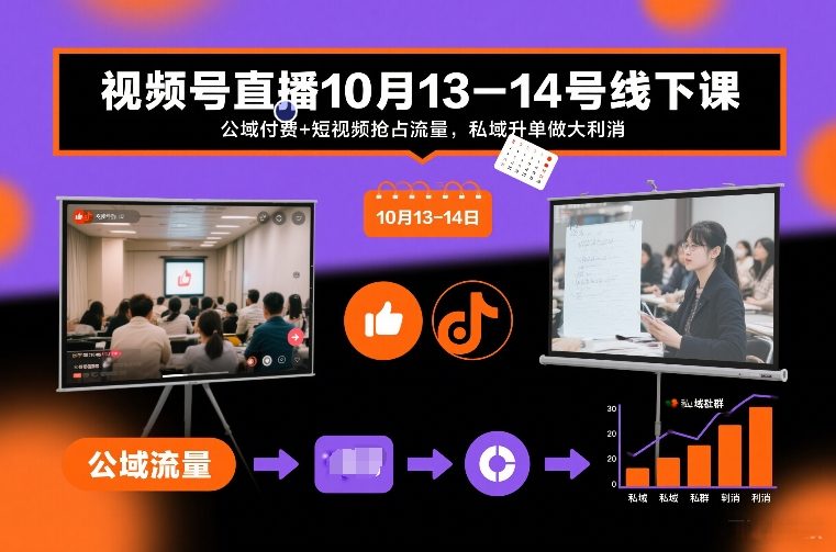 视频号直播10月13-14号线下课,公域付费+短视频抢占流量,私域升单做大利消-钱途社