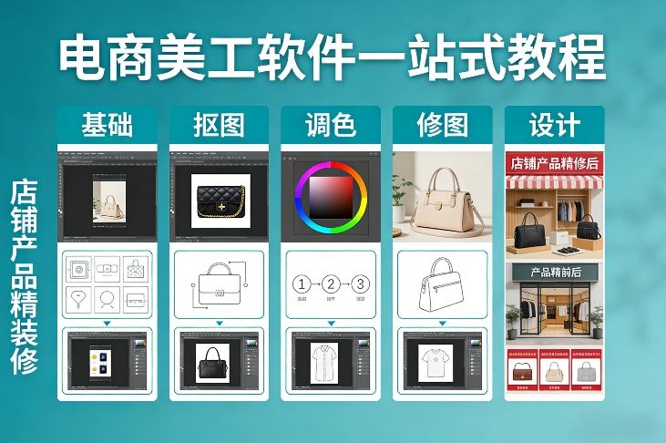 电商美工软件一站式教程，基础/抠图/调色/修图/设计，店铺产品精装修-钱途社