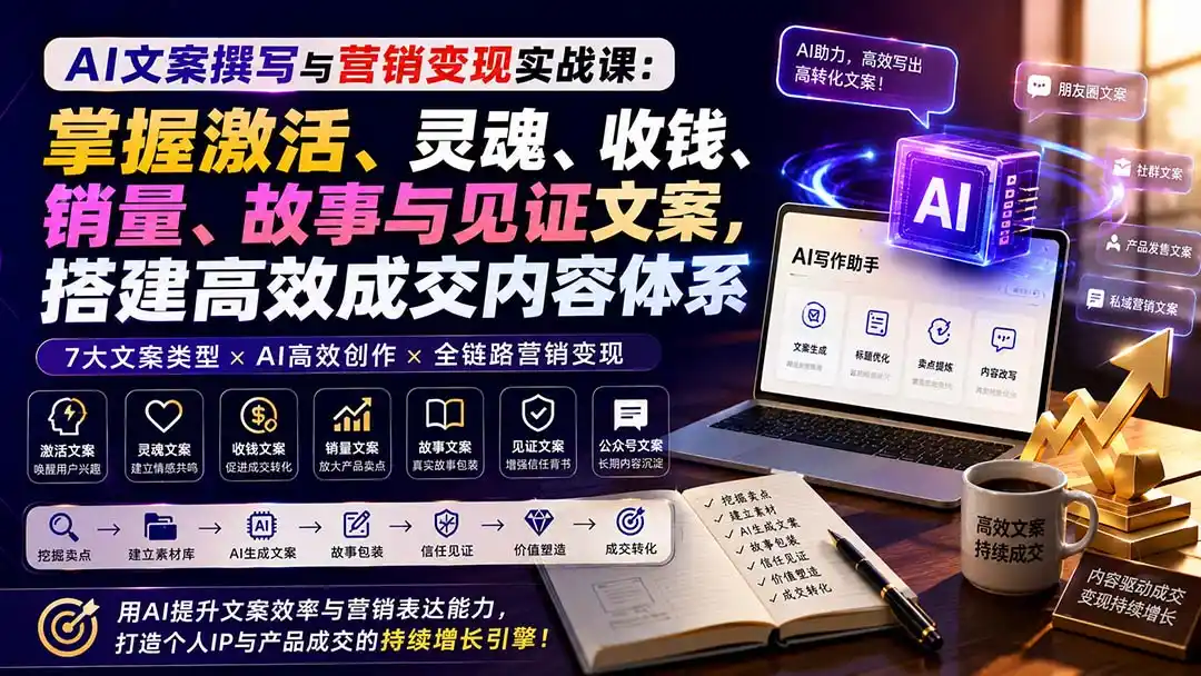 AI文案撰写与营销变现实战课：掌握激活、灵魂、收钱、销量、故事与见证文案，搭建高效成交内容体系-钱途社