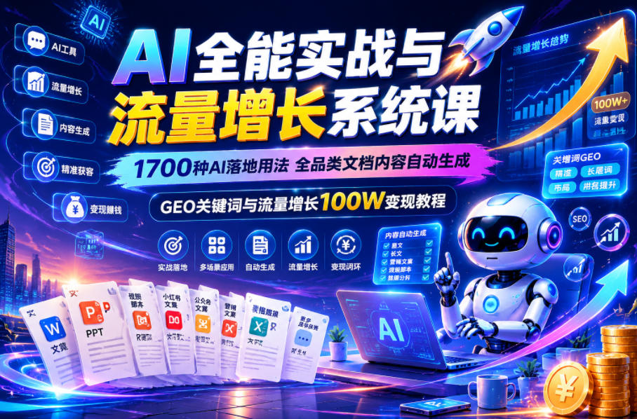 AI全能实战与流量增长系统课，1700种AI落地用法，全品类文档内容自动生成，GEO关键词与流量增长100W变现教程-钱途社
