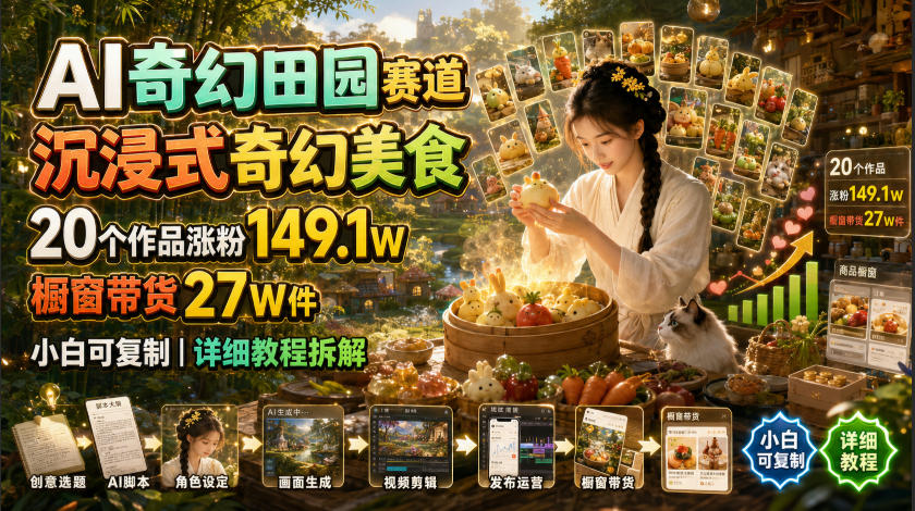 AI奇幻田园赛道，沉浸式奇幻美食，20个作品涨粉149.1W，橱窗带货27W件，小白可复制，详细教程拆解-钱途社