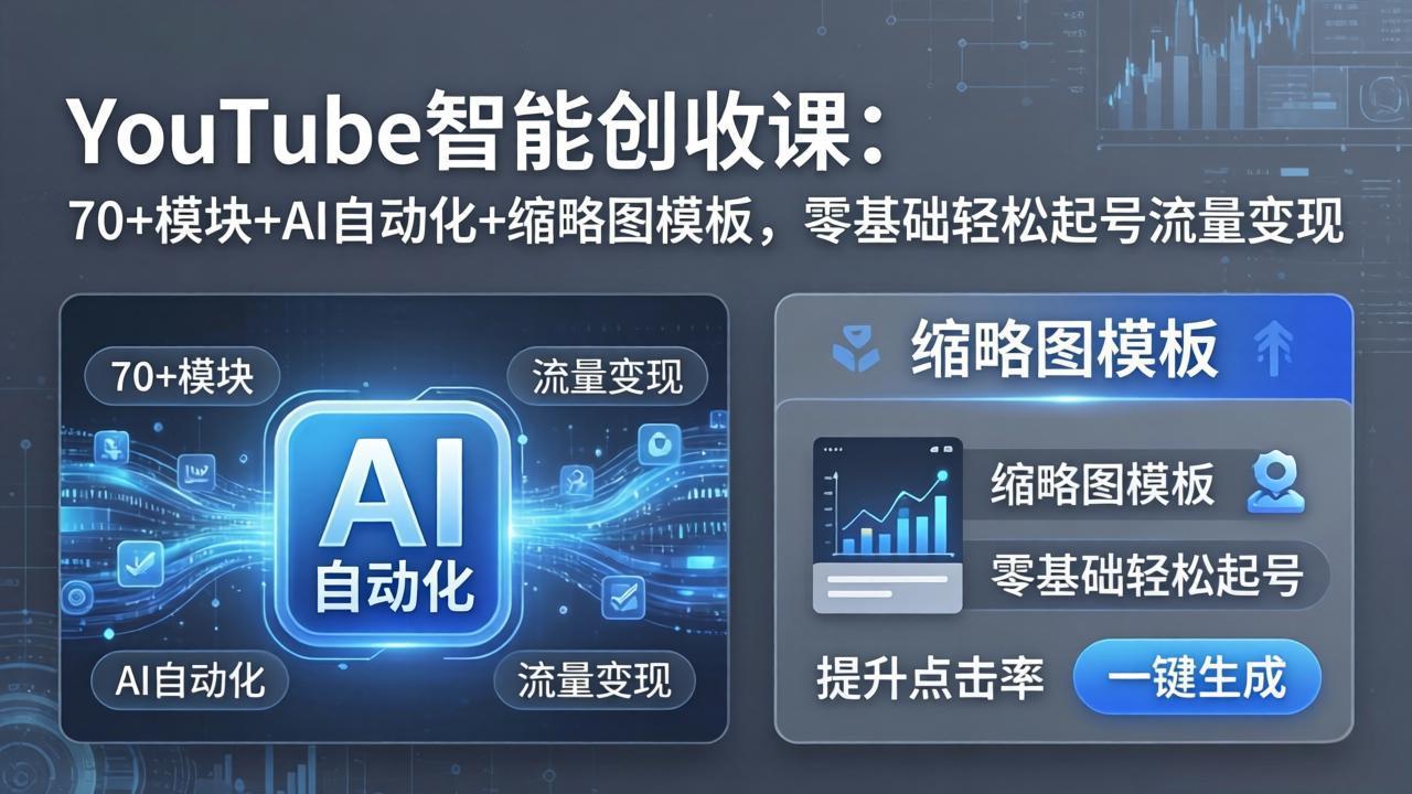 YouTube智能创收课:70+模块+AI自动化+缩略图模板,零基础轻松起号流量变现-钱途社