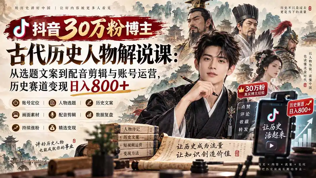 抖音30万粉博主古代历史人物解说课：从选题文案到配音剪辑与账号运营，历史赛道变现日入800+-钱途社