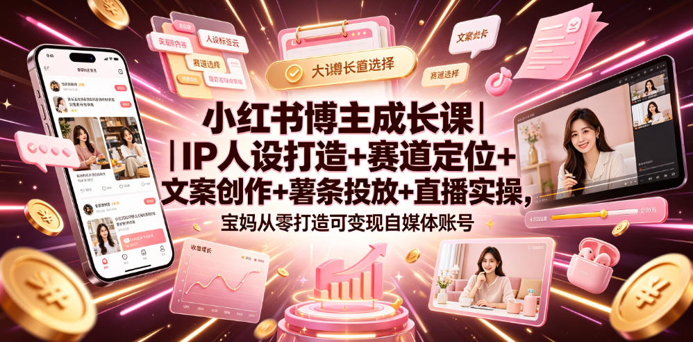 小红书博主成长课｜IP人设打造+赛道定位+文案创作+薯条投放+直播实操，宝妈从零打造可变现自媒体账号-钱途社