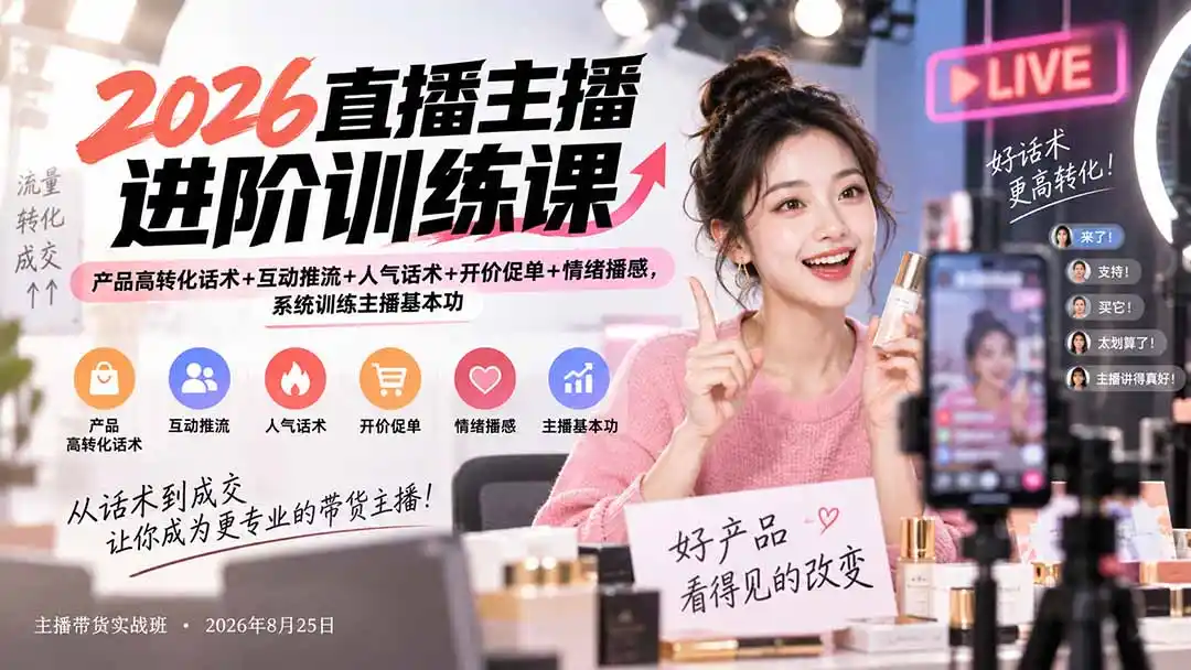 2026直播主播进阶训练课：产品高转化话术+互动推流+人气话术+开价促单+情绪播感，系统训练主播基本功-钱途社