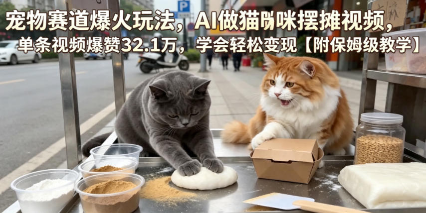 宠物赛道爆火玩法，AI做猫咪摆摊视频，单条视频爆赞32.1万，学会轻松变现【附保姆级教学】-钱途社
