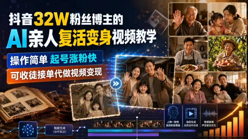 抖音32W粉丝博主的AI亲人复活变身视频教学，操作简单，起号涨粉快，可收徒接单代做视频变现-钱途社
