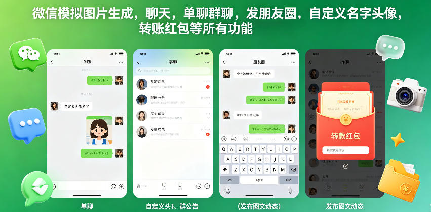 微信模拟图片生成，聊天，单聊群聊，发朋友圈，自定义名字头像，转账红包等所有功能都可以生成-钱途社
