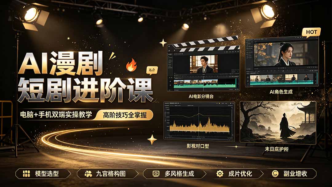 AI漫剧短剧进阶课｜电脑+手机双端实操教学｜影视剧对口型人物吃瓜×解压末日庇护所全程讲解，高阶技巧全掌握-钱途社