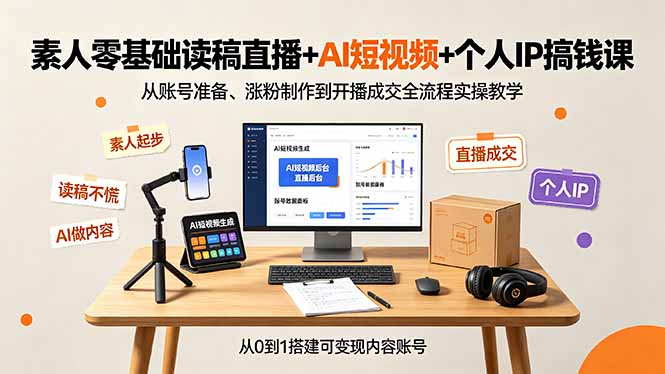 素人零基础读稿直播+AI短视频+个人IP搞钱课，从账号准备、涨粉制作到开播成交全流程实操教学-钱途社