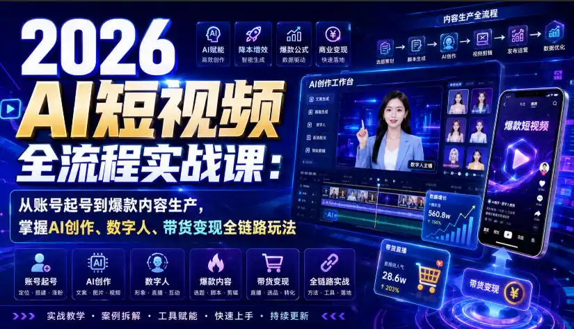 2026 AI短视频全流程实战课：从账号起号到爆款内容生产，掌握AI创作、数字人、带货变现全链路玩法-钱途社
