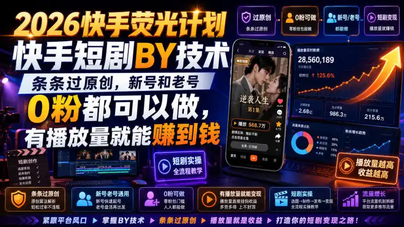2026快手荧光计划，快手短剧搬运技术，条条过原创，新号和老号0粉都可以做，有播放量就能賺到钱-钱途社