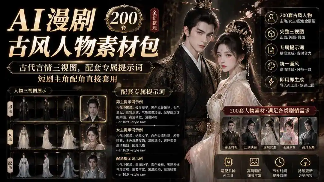 AI漫剧古风人物素材包+提示词｜200 套古代言情三视图，配套专属提示词短剧主角配角直接套用-钱途社
