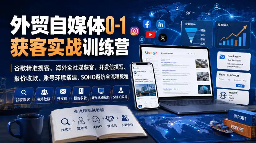 外贸自媒体0-1获客实战训练营｜谷歌精准搜客、海外全社媒获客、开发信撰写、报价收款、账号环境搭建、SOHO避坑全流程教程(更新)-钱途社