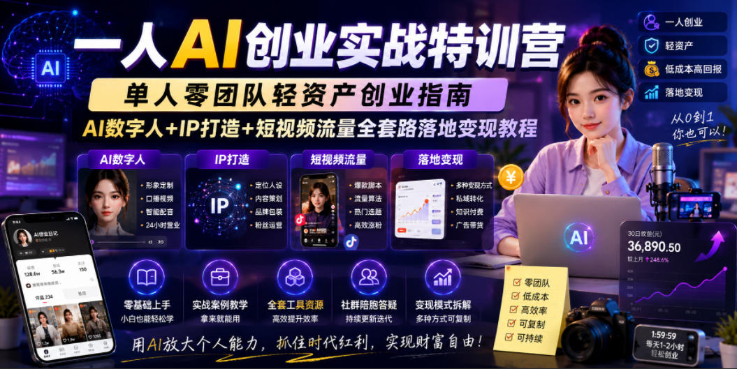 一人AI创业实战特训营，单人零团队轻资产创业指南，AI数字人+IP打造+短视频流量全套路落地变现教程-钱途社