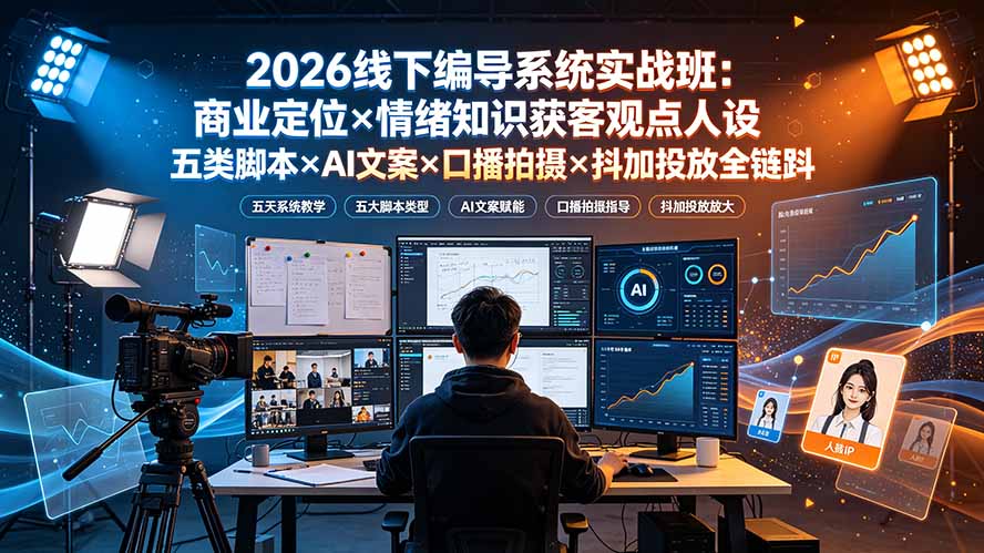 2026线下编导系统实战班：商业定位×情绪知识获客观点人设五类脚本×AI文案×口播拍摄×抖加投放全链路-钱途社