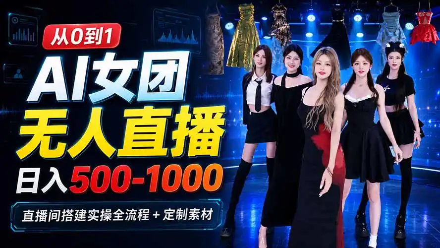 AI 女团无人直播，躺入500-1000每天，直播间搭建实操全流程+定制素材-钱途社