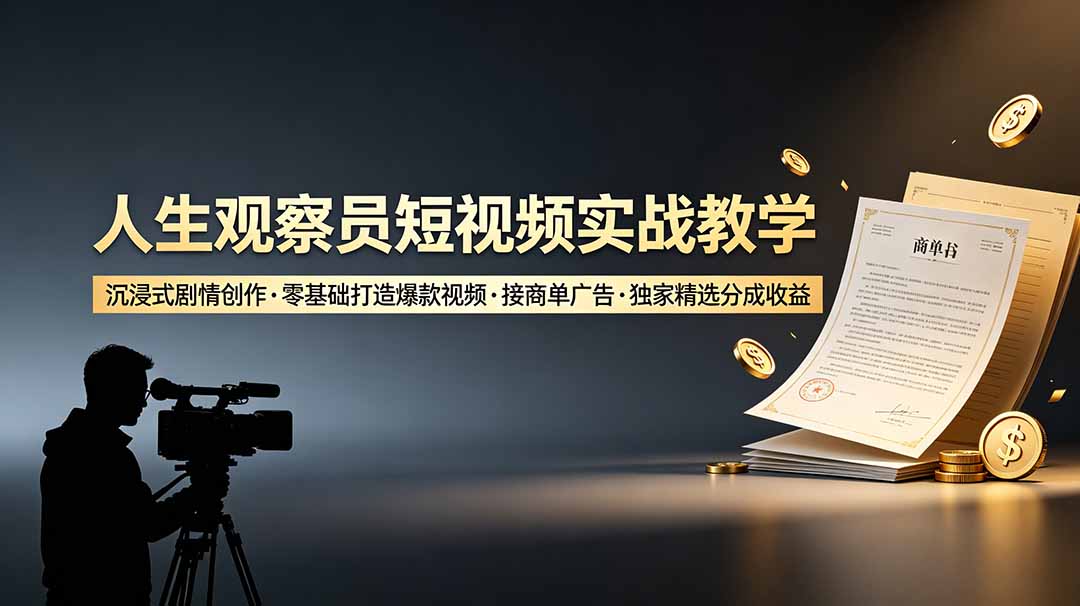 人生观察员短视频实战教学，沉浸式剧情创作，零基础打造爆款视频，接商单广告，独家精选分成收益-钱途社