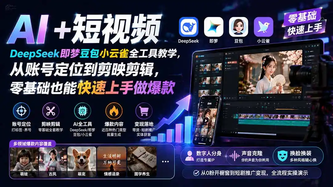 AI+短视频｜DeepSeek即梦豆包小云雀全工具教学，从账号定位到剪映剪辑，零基础也能快速上手做爆款-钱途社