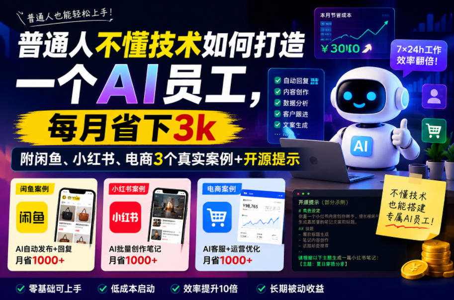 普通人不懂技术如何打造一个AI员工，每月省下3k，附闲鱼、小红书、电商3个真实案例+开源提示【文档】-钱途社