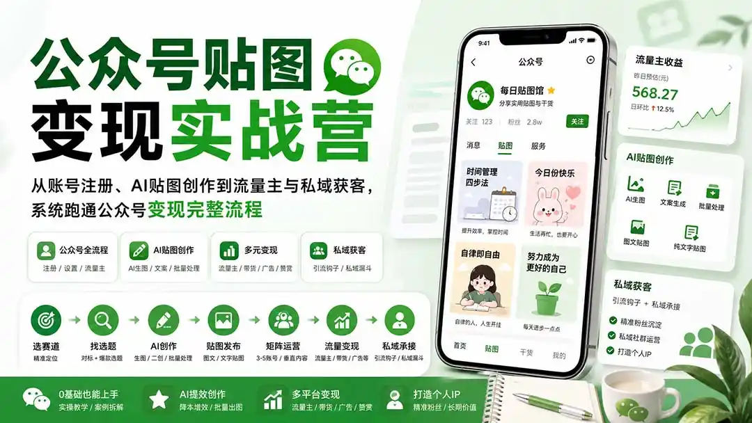 公众号贴图变现实战营：从账号注册、AI贴图创作到流量主与私域获客，系统跑通公众号变现完整流程-钱途社