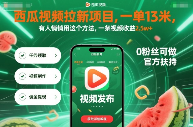 西瓜视频拉新项目，一单13米，有人悄悄用这个方法，一条视频收益2.5w+(附详细教程)-钱途社