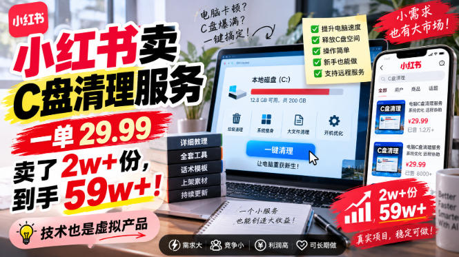 小红书卖C盘清理服务，一单29.99，卖了2w+份，技术也是虚拟产品-钱途社