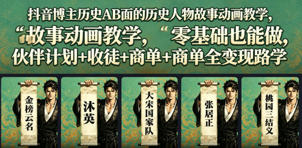 抖音博主历史AB面的历史人物故事动画教学，零基础也能做，伙伴计划+收徒+商单全变现路径教学-钱途社