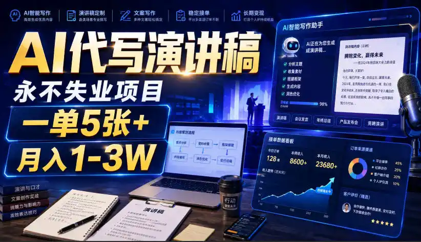 AI代写演讲稿，永不失业项目，一单5张+，月入1-3W【揭秘】-钱途社
