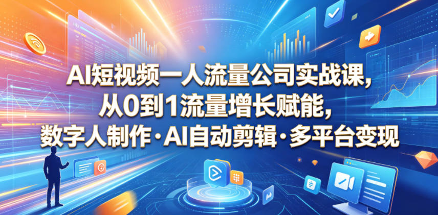 AI短视频一人流量公司实战课，从0到1流量增长赋能，数字人制作・AI自动剪辑・多平台变现，一人做流量生意全落地教程-钱途社