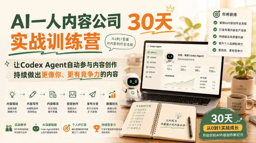 AI一人内容公司30天实战训练营，让Codex Agent自动参与内容创作持续做出更像你、更有竞争力的内容-钱途社