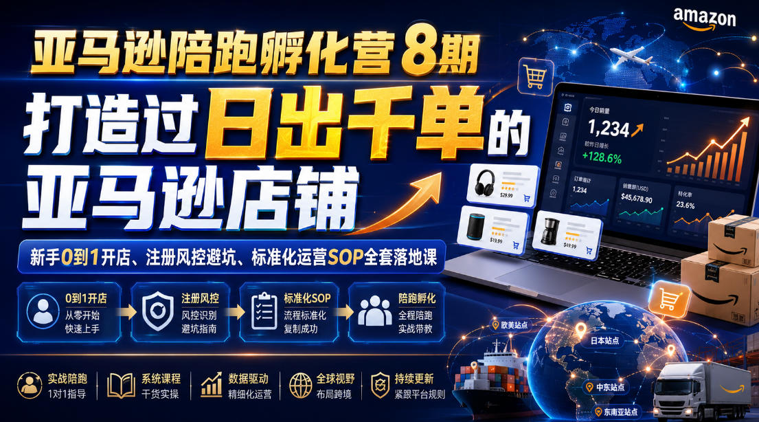 亚马逊陪跑孵化营8期，打造过日出千单的亚马逊店铺，新手0到1开店、注册风控避坑、标准化运营SOP全套落地课-钱途社