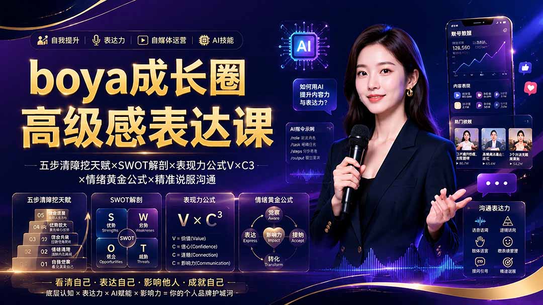 boya成长圈｜内心成长高级表达AI自媒体三合一，消解内耗挖掘天赋，镜头沟通AI指令短视频全流程教学-钱途社