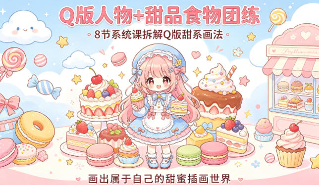 Q版人物+甜品食物团练，8节系统课拆解Q版甜系画法，画出属于自己的甜蜜插画世界-钱途社