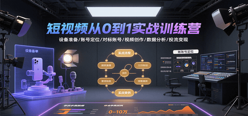 短视频从0到1实战训练营：设备准备/账号定位/对标账号/视频创作/数据分析/投流变现-钱途社