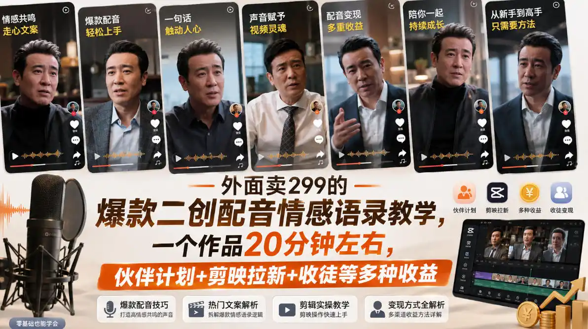 外面卖299的爆款二创配音情感语录教学，一个作品20分钟左右，伙伴计划+剪映拉新+收徒等多种收益-钱途社