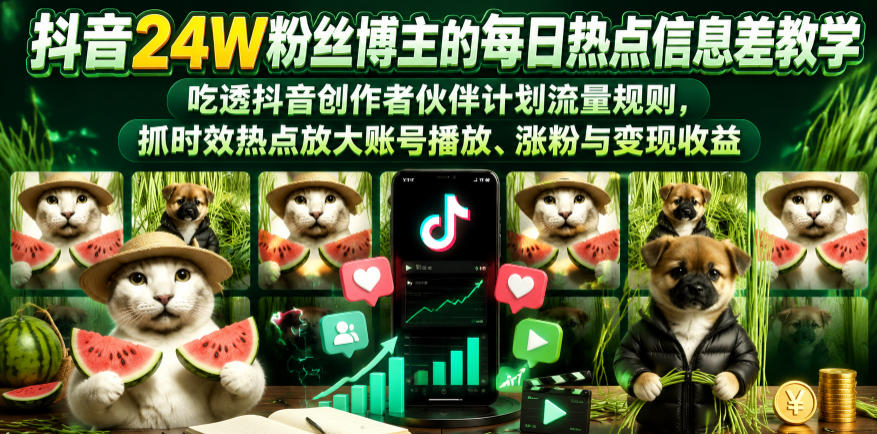 抖音24W粉丝博主的每日热点信息差教学，吃透创作者伙伴计划流量规则，抓时效热点放大账号播放、涨粉与变现收益（更新）-钱途社