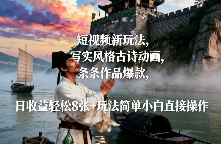 短视频新玩法，写实风格古诗动画，条条作品爆款，日收益轻松8张+玩法简单小白直接操作-钱途社