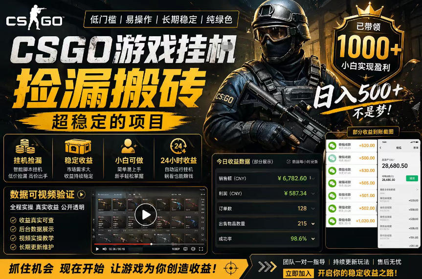 CSGO游戏搬砖，全自动挂G，不需要玩游戏，手机操作日入300+，解放双手【揭秘】-钱途社