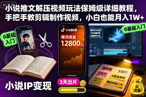 小说推文解压视频玩法保姆级详细教程，手把手教剪辑制作视频，小白也能月入1W+-钱途社