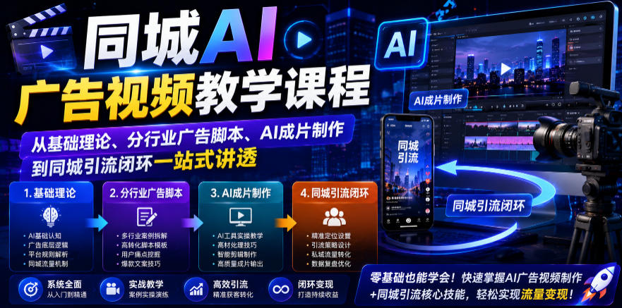 同城AI广告视频教学课程，从基础理论、分行业广告脚本、AI成片制作到同城引流闭环一站式讲透-钱途社
