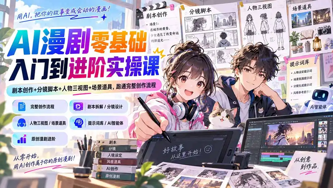 AI漫剧零基础入门到进阶实操课：剧本创作+分镜脚本+人物三视图+场景道具，跑通完整创作流程-钱途社