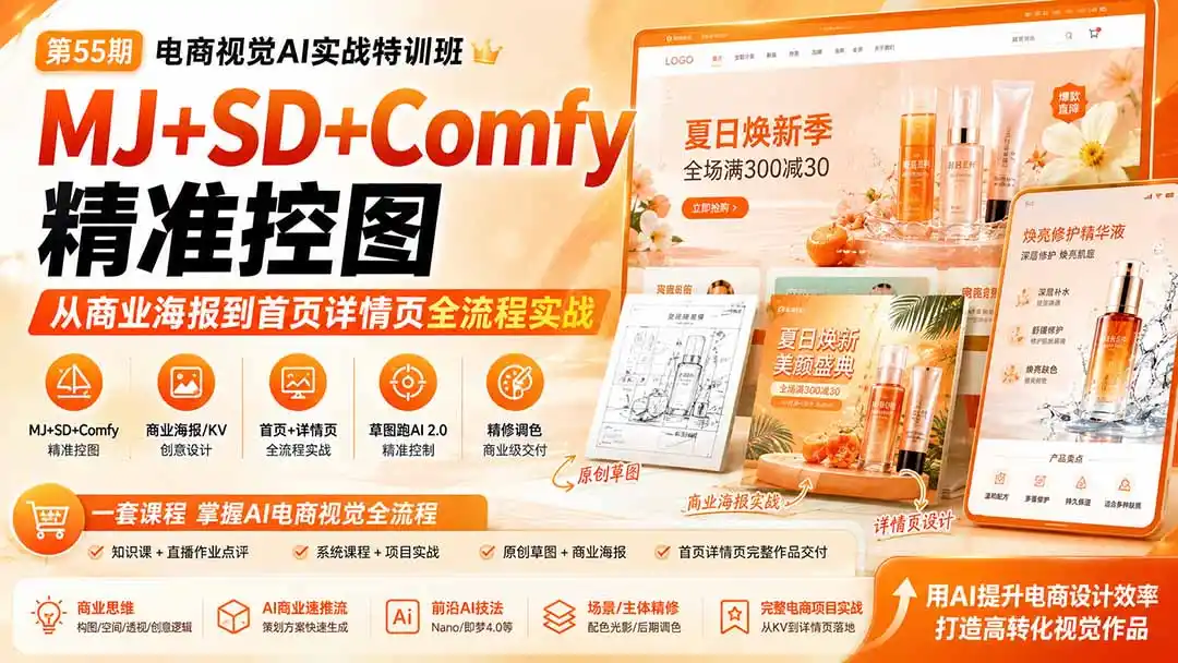 电商视觉 AI实战训练营第55期：MJ+SD+Comfy精准控图，从商业海报到首页详情页全流程实战-钱途社