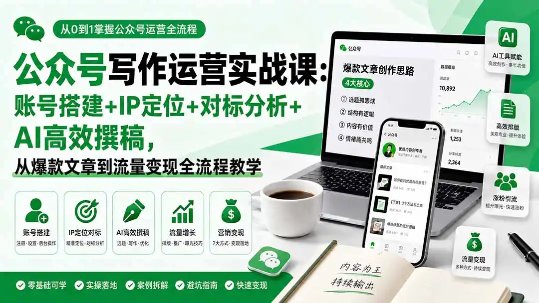 公众号写作运营实战课：账号搭建+IP定位+对标分析+AI高效撰稿，从爆款文章到流量变现全流程教学-钱途社