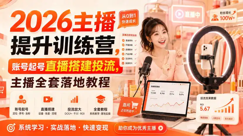 2026主播提升训练营，账号起号直播搭建投流，主播全套落地教程-钱途社