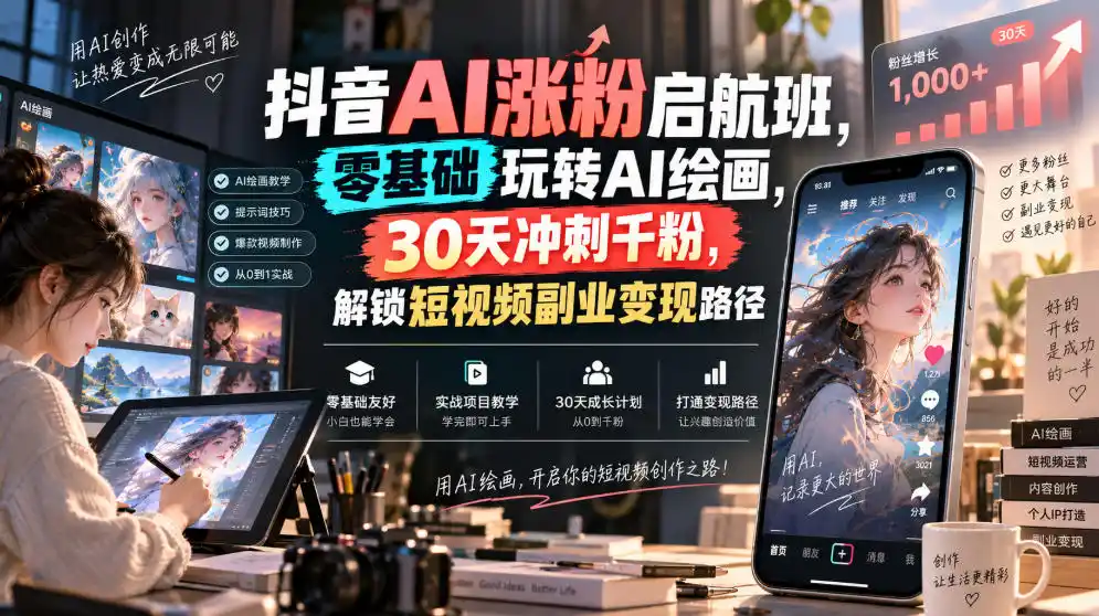 抖音AI涨粉启航班，零基础玩转AI绘画，30天冲刺千粉，解锁短视频副业变现路径-钱途社