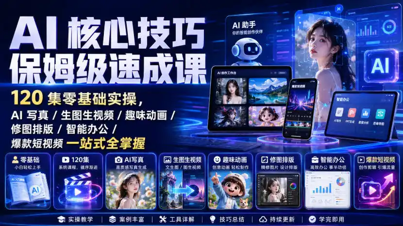 AI核心技巧保姆级速成课｜120集零基础实操，AI写真/生图生视频/趣味动画/修图排版/智能办公/爆款短视频一站式全掌握-钱途社
